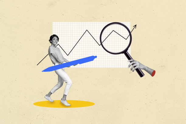 趋势复合素描模板 3D 照片拼贴，年轻女士手持铅笔和放大镜，聚焦交易员图形招聘业务图片下载