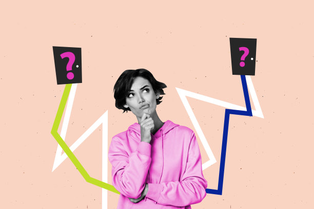 3D照片拼贴趋势草图模板，职业工作商业人力资源年轻女性站立思考选择变体图片下载