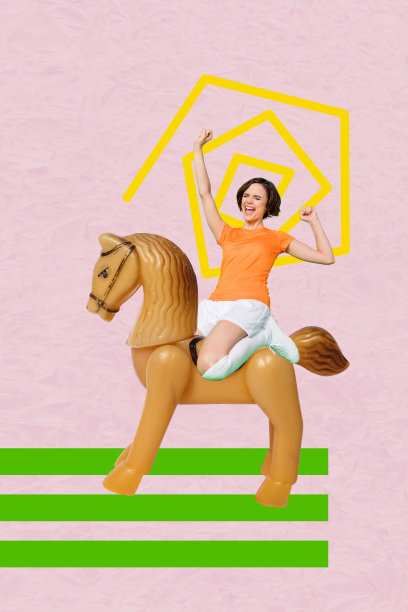 草图图像趋势艺术作品蒙太奇3D照片拼贴，玩具小马、马、儿童、年轻女性、足球运动员、快乐获胜的女运动员图片下载