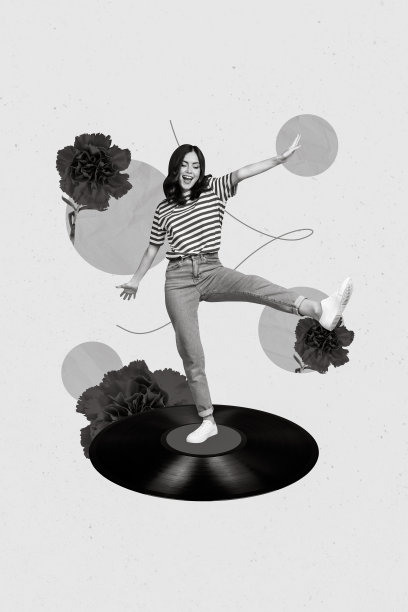 创意照片3D拼贴艺术明信片海报，快乐疯狂的女孩在绘画背景下唱歌玩乐。图片下载