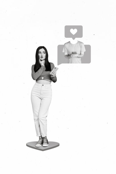 创意拼贴照片，年轻女孩撅嘴，手持三星手机，专注于网络约会，背景为白色。图片下载