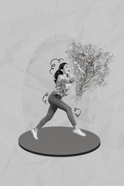 创意照片3D拼贴艺术海报明信片，展示一位开心的女士在绘画背景下欢庆收到一大束花。图片下载