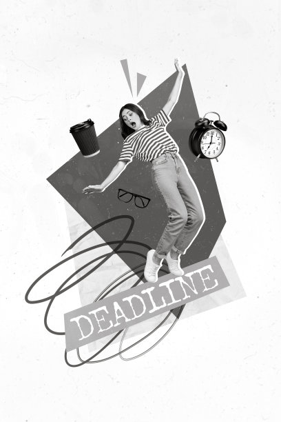 惊恐的女人踮起脚尖站在截止日期上的创意竖版拼贴照片插图，背景为柔和色彩图片下载