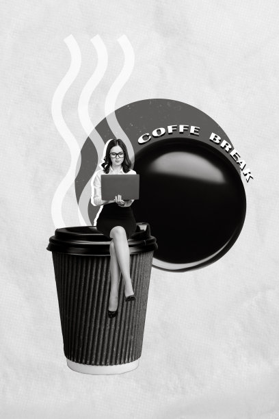 自信女性在现代设备上工作，享受咖啡休息的简约照片拼贴艺术，背景为孤立的绘画。图片下载