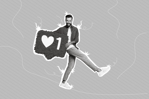 创意照片3D拼贴艺术海报明信片，展示一位英俊快乐的男士手持客户评价的受欢迎程度，背景为绘画风格。图片下载