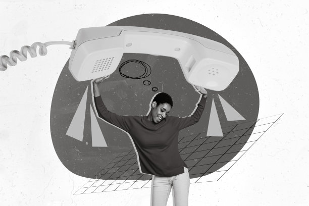 创意照片3D拼贴艺术海报，快乐的女孩手持巨大的电话，与朋友交谈，背景为绘画风格。图片下载