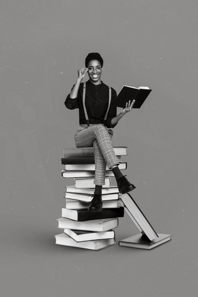创意照片3D拼贴艺术海报，聪明的人坐在书堆上阅读小说，背景为绘画风格。图片下载