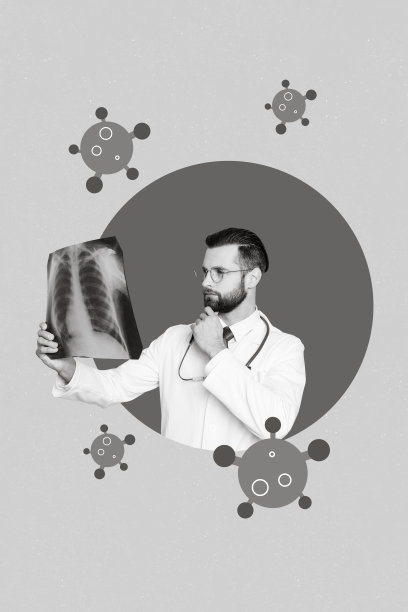 思考中的医生手持X光照片的艺术杂志拼贴画，背景为素描风格。图片下载