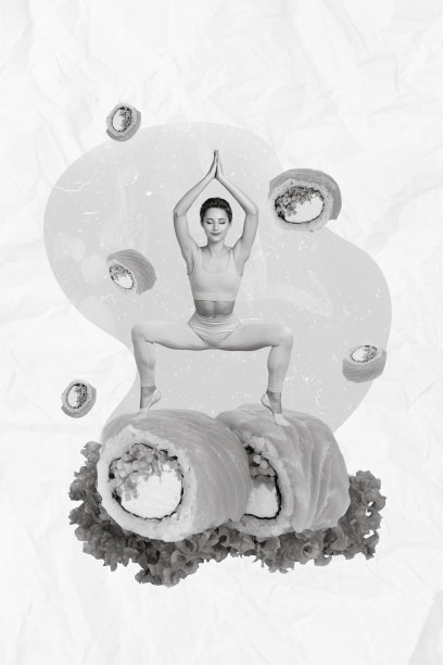 创意照片3D拼贴艺术作品，年轻女性推广健康生活方式，加州卷在绘画背景中独立展示。图片下载