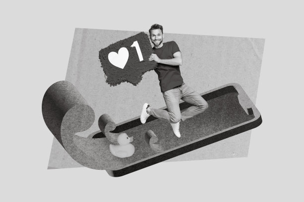 独特的杂志图片素描拼贴，描绘了一位搞笑的时尚男士在社交网络上获得点赞，背景为孤立的绘画风格。图片下载