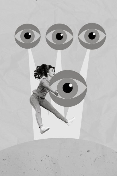 垂直拼贴图，表现出一位兴奋的女孩在黑白色调中飞翔，双臂伸展，抓住一个巨大的眼球，背景为手绘风格。图片下载