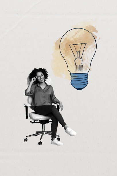 快乐的美国女孩坐在椅子上，寻找商业发展灵感的灯泡卡通创意竖版照片拼贴艺术图。图片下载