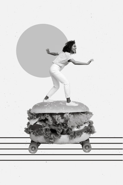 创意照片3D拼贴艺术海报，疯狂女孩快速送餐的Glovo服务，背景为绘画风格。图片下载