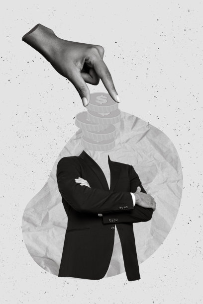 创意照片3D拼贴艺术海报，富有自信的富人双手交叉，金色硬币代替面孔，背景为绘画风格。图片下载