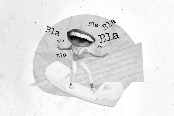 创意照片海报拼贴，头部缺失的年轻女孩嘴巴大笑，手持复古巨型电话听筒，分享信息，背景为涂鸦风格。图片下载