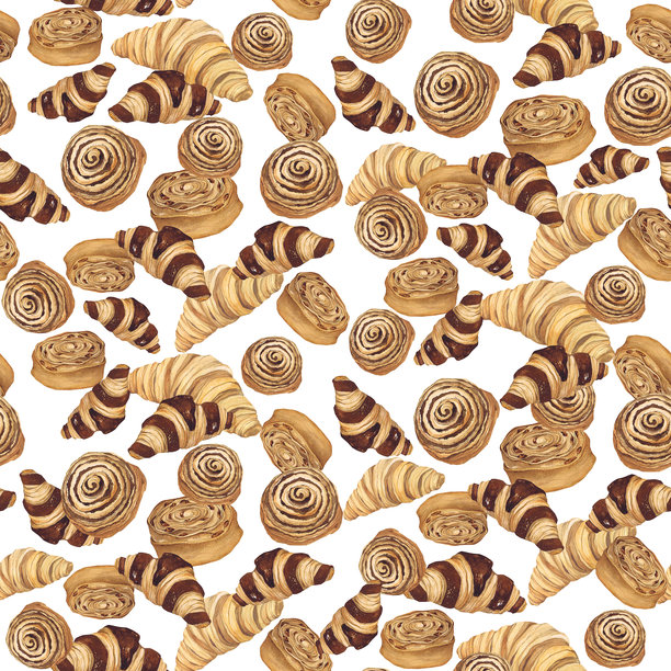 水彩插图，描绘烘焙场景。手绘图案，来自白色背景上的独立剪贴画。明亮诱人的真实水彩面包图片，适用于菜单、标志、包装、纺织品和印刷材料。图片下载