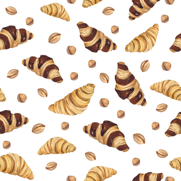 水彩插图：烘焙。手绘图案，来自白色背景上的独立剪贴画。明亮诱人的真实水彩面包图片，适用于菜单、标志、包装、纺织品和印刷材料。图片下载