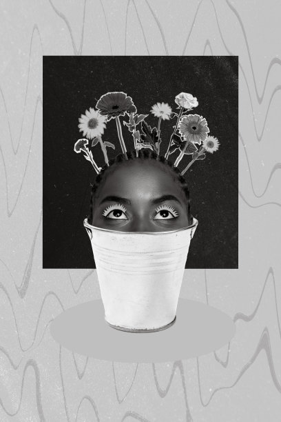 创意照片3D拼贴艺术海报，女孩脸庞在桶中，周围生长着植物，背景为绘画风格。图片下载