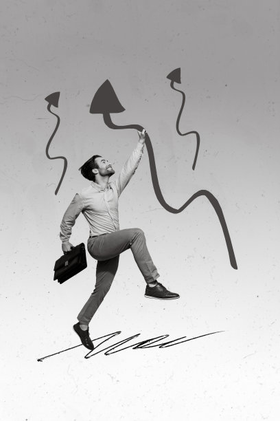 创意照片3D拼贴艺术海报，描绘一位英俊男士在绘画背景中向前迈进，追求更高的梦想。图片下载