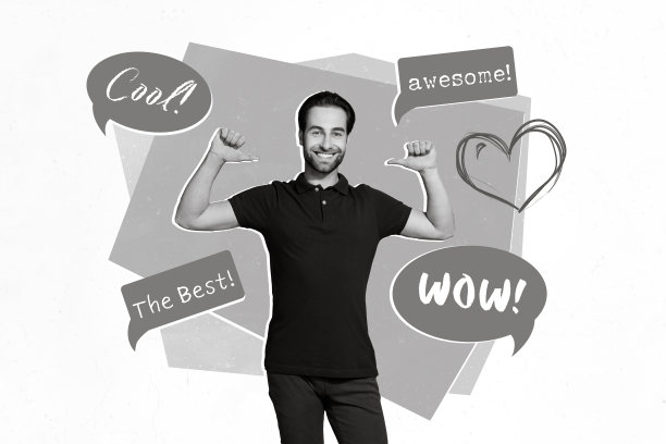 创意拼贴照片插图，展现心情愉悦、满意、自信的男士，指向自己，背景为白色。图片下载