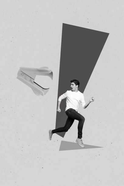 垂直创意照片拼贴插图，惊恐的男士在黄色背景下逃离办公用订书机图片下载