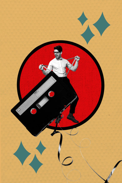 年轻绅士的潮流艺术合成横幅照片拼贴，展示了过时的音乐录音带，夜间休闲俱乐部派对娱乐。图片下载