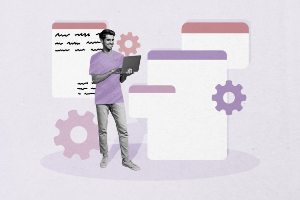 年轻男子在工作空间中站着，使用笔记本电脑进行互联网研究的复合素描设计艺术作品，3D照片拼贴，适合专业职位招聘。图片下载