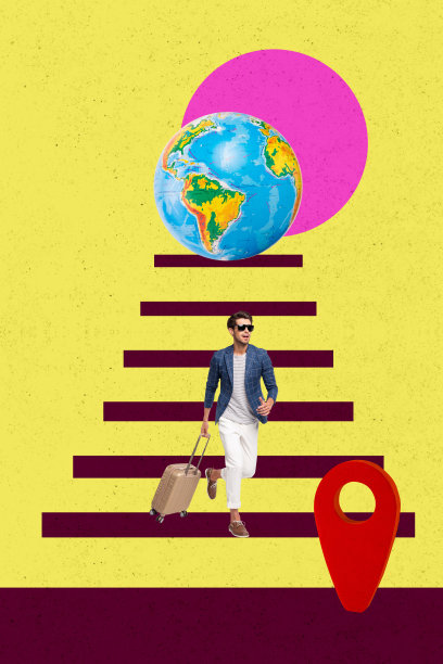 年轻男子背着包走在地球上，离开周末旅行的3D照片拼贴艺术作品。图片下载