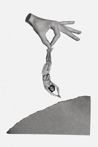 垂直创意照片拼贴插图，展示一只大手将快乐、积极、兴奋的男人扔入水中，背景为白色。图片下载