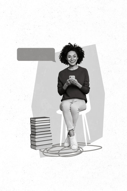 积极的女孩坐在椅子上，使用电话打字写信息，旁边堆满书籍，背景为手绘风格的图案。图片下载