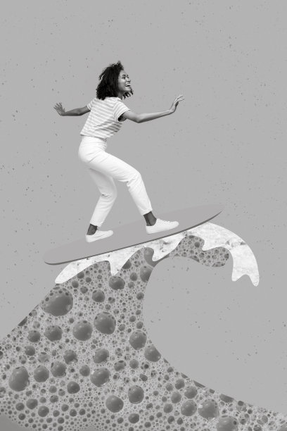 创意照片3D拼贴艺术海报，搞笑的年轻女孩享受夏季爱好，黄色和蓝色，独立于绘画背景上。图片下载