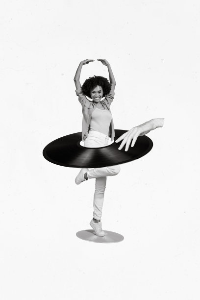 创意照片3D拼贴艺术海报明信片，快乐美丽的女士在绘画背景下跳芭蕾舞，伴随着复古旋律歌曲。图片下载