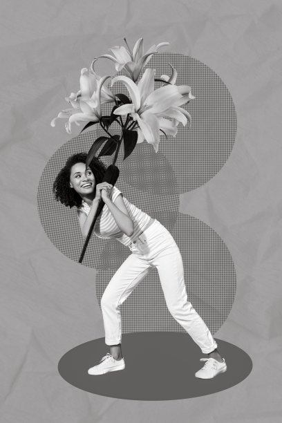 创意照片3D拼贴艺术海报明信片，漂亮女士接收并手持美丽礼物和大花，背景为绘画风格。图片下载