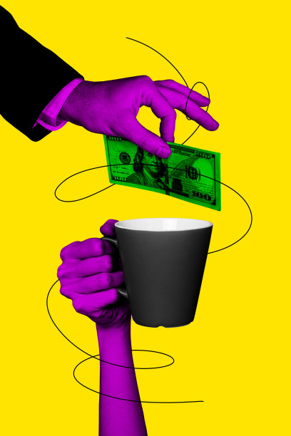 垂直照片拼贴，手臂在涂鸦背景上给出美元纸币支付杯子，慈善捐赠帮助支持。图片下载