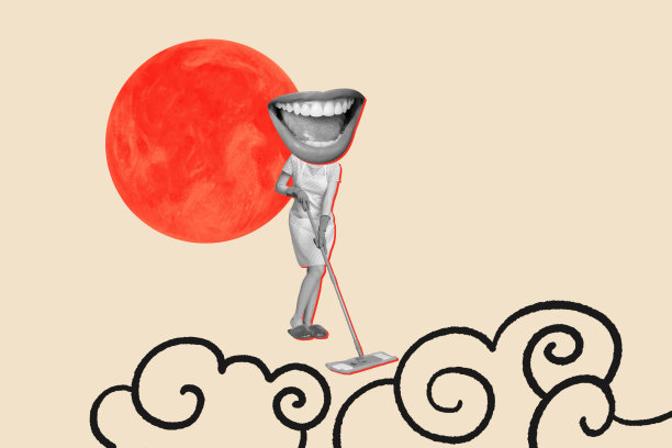 趋势艺术横幅草图 3D 照片拼贴，夸张嘴唇微笑的女性手持拖把清洗地板，云朵亚洲文化图案纹理图片下载