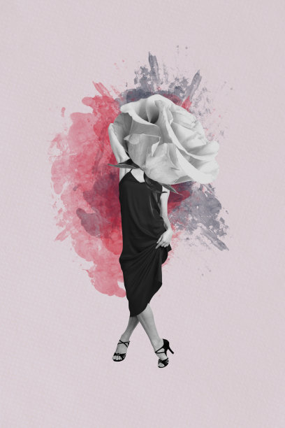 海报照片，垂直拼贴，匿名女孩的头部被玫瑰花盛开，春季概念，三月节日庆祝舞会。图片下载