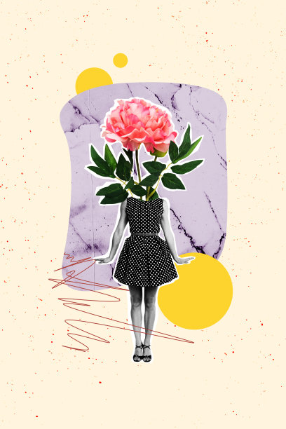 独特的垂直照片拼贴，匿名女孩穿着复古波点裙，头上戴着盛开的芍药花，展现春天的气息。图片下载
