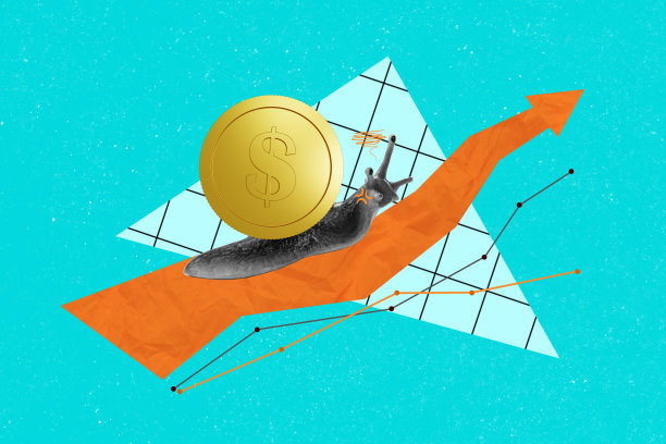 复合趋势照片拼贴，展示了没有软管的慢动物蜗牛，旁边是巨大的美元符号硬币和向上增长的箭头统计数据。图片下载