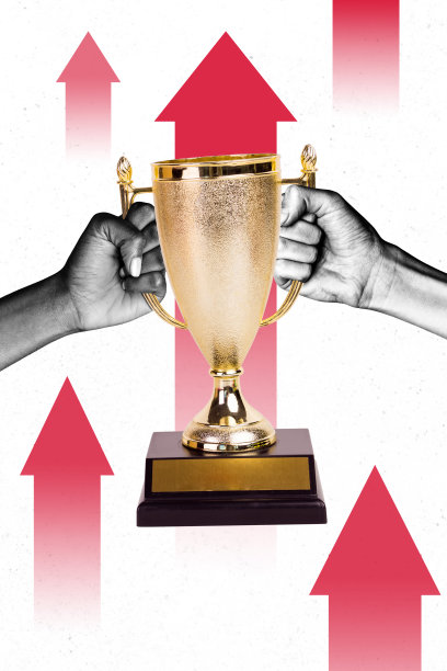 垂直创意合成照片拼贴，手握冠军奖杯，获得比赛第一名，背景为手绘风格。图片下载