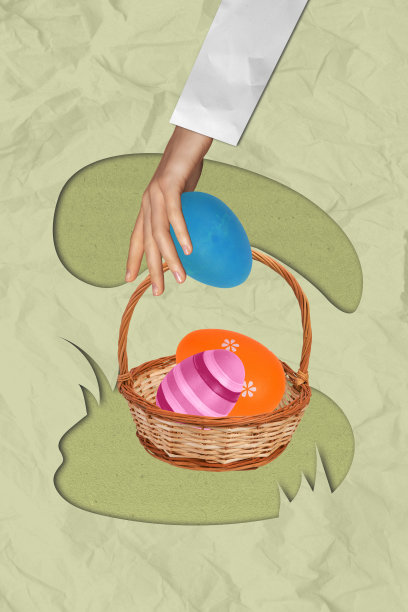 手工收集五彩缤纷的复活节彩蛋篮子，传统气氛，孤立在彩绘背景上的竖版照片拼贴。图片下载