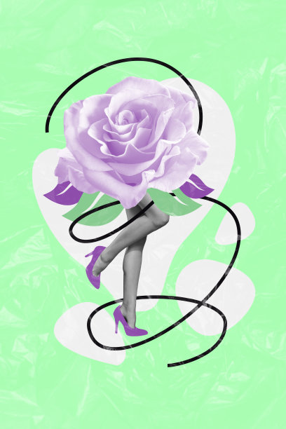 性感女性腿部高跟鞋的垂直照片拼贴，花朵玫瑰绽放，华丽的月经，孤立在涂鸦背景上。图片下载