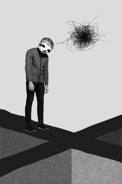 年轻男子匿名佩戴口罩，沮丧、抑郁，思绪消沉，孤立在涂鸦背景上的竖版照片拼贴。图片下载