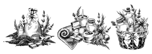 手工化妆品、浴盐、肥皂、蜡烛、浴球。黑白单色线条艺术手绘插图。元素集合。图片下载