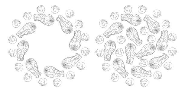 手绘三文鱼排和球芽甘蓝头 圆形框架和填充背景纹理集2图片下载