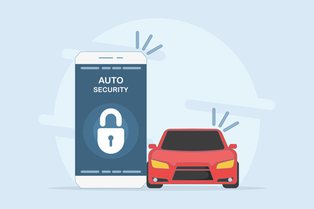 汽车安全系统概念。汽车警报。手机屏幕上的汽车警报应用。通过智能手机进行保护启用。平面风格的矢量插图背景。图片下载