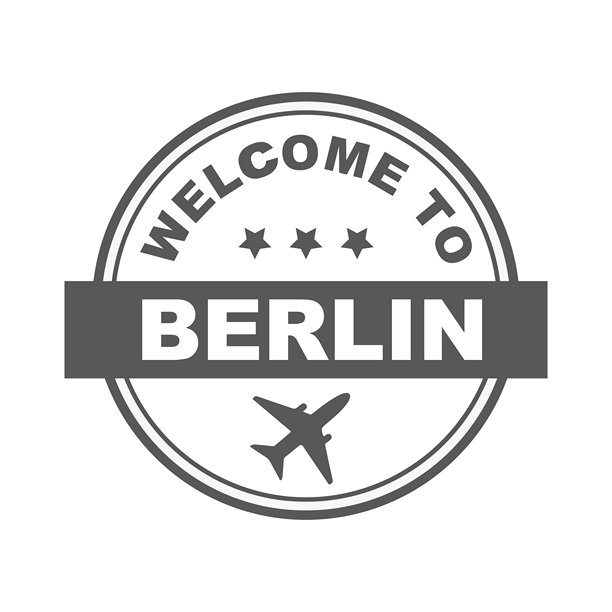欢迎来到柏林，带有飞机的字样 - 图标，圆形橡胶，印章。图片下载