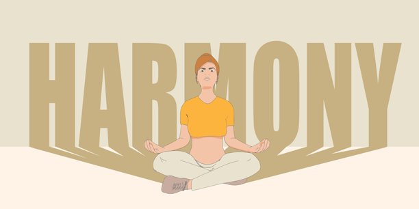 年轻女孩坐在瑜伽莲花坐姿中。快乐放松的女性角色正在进行冥想练习。运动时尚女孩的轮廓以都市休闲风格展现，投射出“和谐”一词的阴影。图片下载