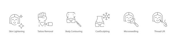 皮肤美白、纹身去除、身体塑形、冷冻溶脂、微针美容和线雕美容治疗矢量图标集图片下载
