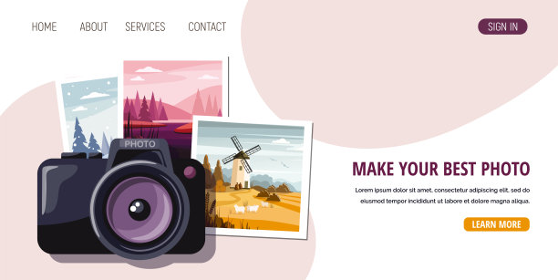 相机与旅行照片。旅行、旅游、冒险、旅程、摄影、回忆概念。网页横幅模板插图图片下载