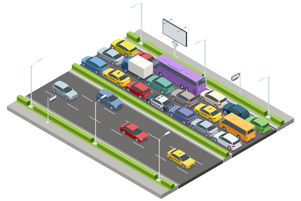 一个等距视角的图像展示了汽车、公交车和卡车在交通堵塞中。一些车辆在移动，而其他车辆则静止不动。广告牌和交通信号灯增添了细节。交通堵塞图片下载